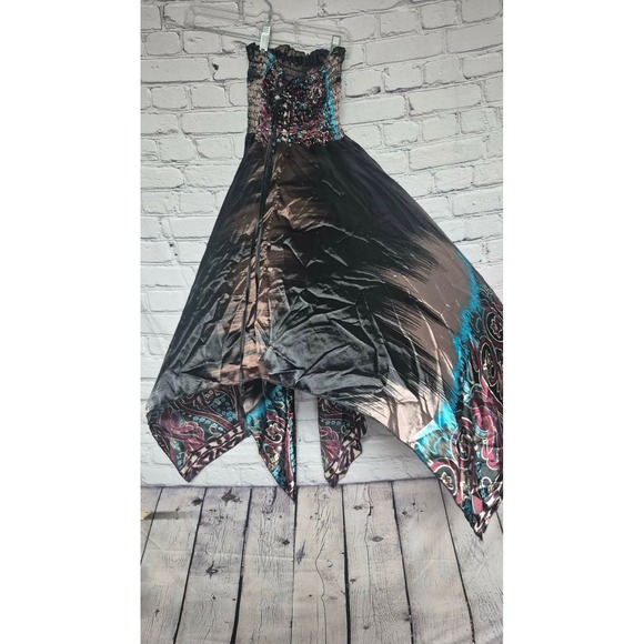 Boho Strapless Smocked Handkerchief Hem Paisley Dream Dress Turquoise Magenta - Picture 7 of 7